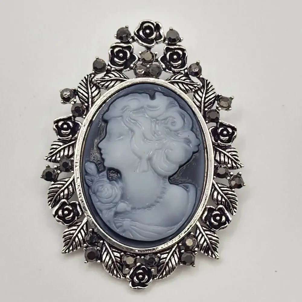 Gray Tones Cameo Brooch Rhinestone Accented Floral Border Frame